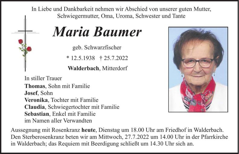 Traueranzeige Maria Baumer
