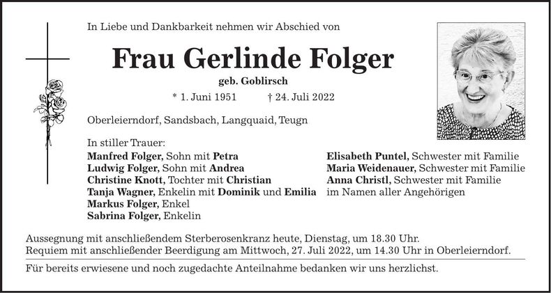 Traueranzeige Gerlinde Folger