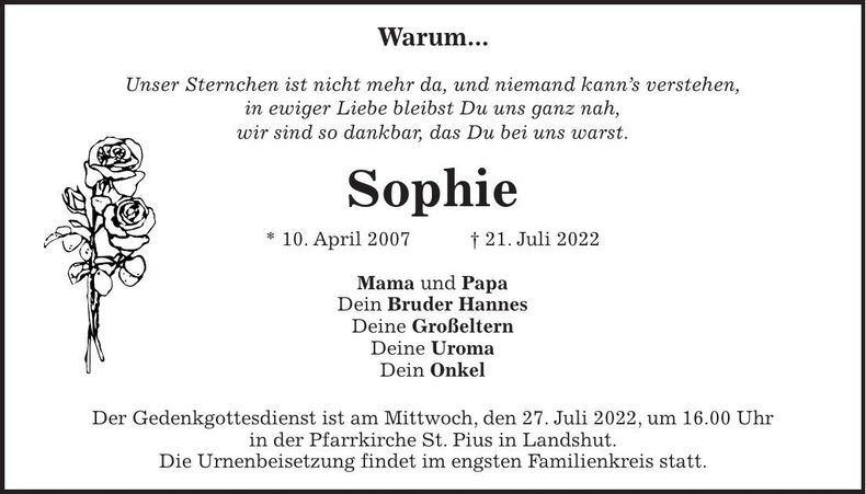Traueranzeige Sophie Pöschl