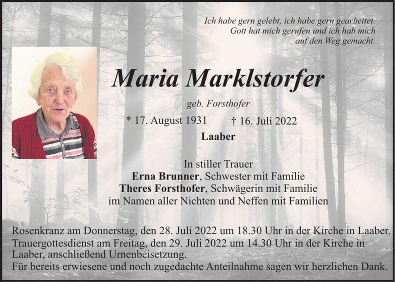 Traueranzeige Maria Marklstorfer
