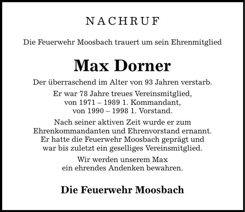 Traueranzeige Max Dorner