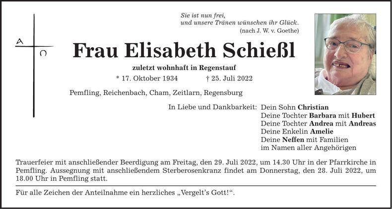 Traueranzeige Elisabeth Schießl