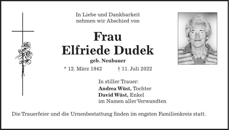 Traueranzeige Elfriede Dudek