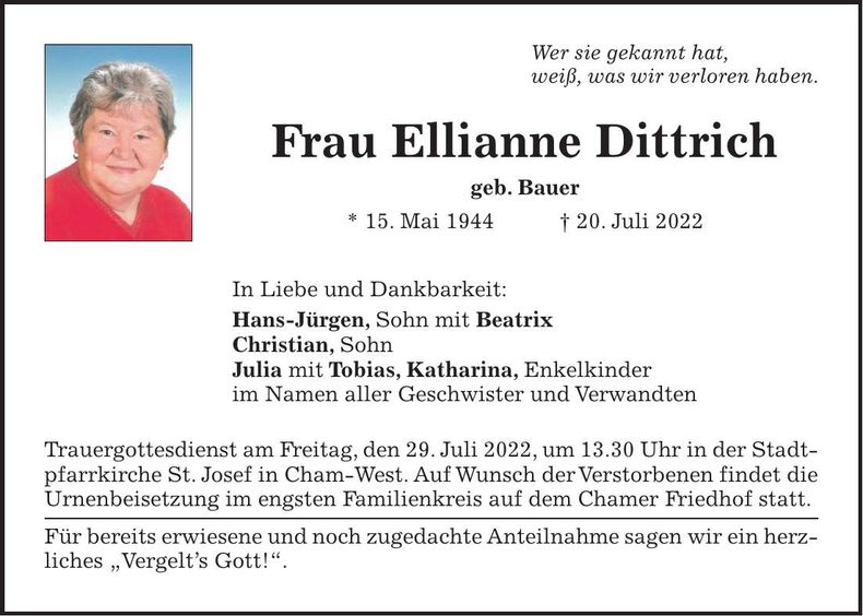Traueranzeige Ellianne Dittrich