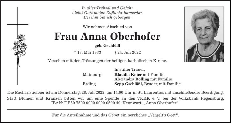 Traueranzeige Anna Oberhofer