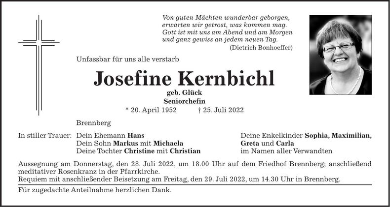 Traueranzeige Josefine Kernbichl