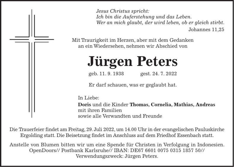 Traueranzeige Jürgen Peters
