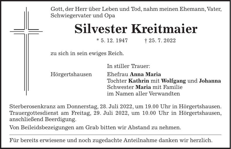 Traueranzeige Silvester Kreitmaier