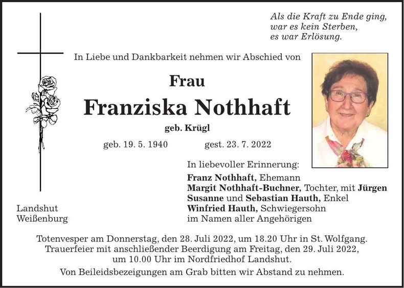 Traueranzeige Franziska Nothhaft