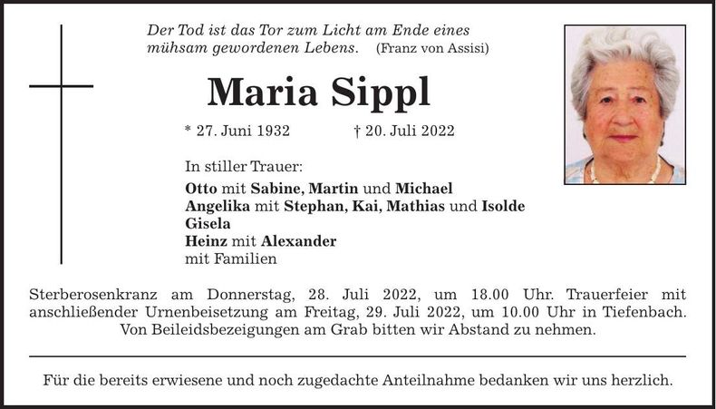 Traueranzeige Maria Sippl