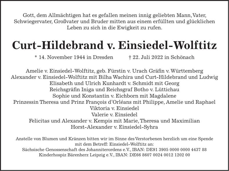 Traueranzeige Curt-Hildebrand v. Einsiedel-Wolftitz