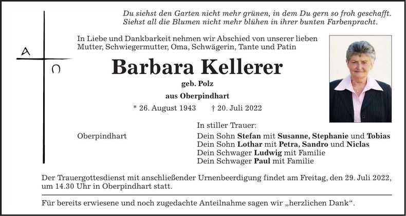 Traueranzeige Barbara Kellerer