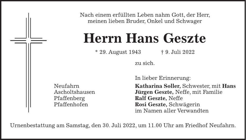 Traueranzeige Hans Geszte