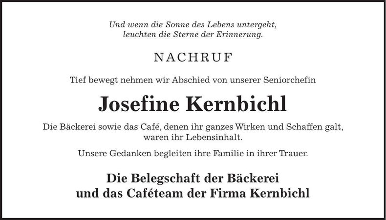 Traueranzeige Josefine Kernbichl