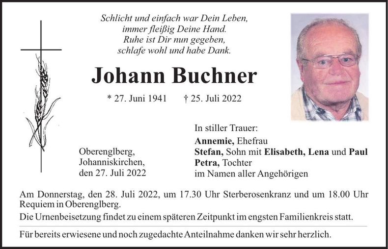Traueranzeige Johann Buchner