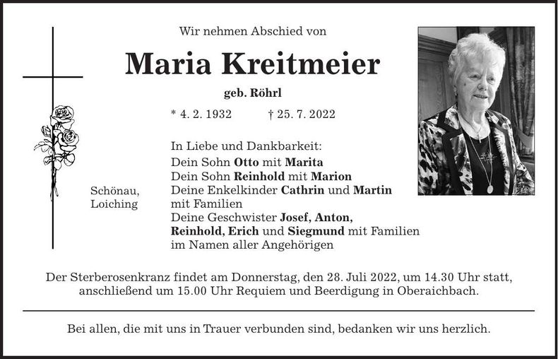 Traueranzeige Maria Kreitmeier