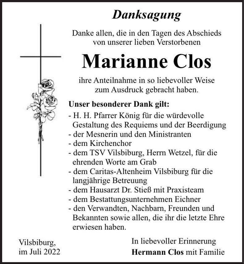 Traueranzeige Marianne Clos
