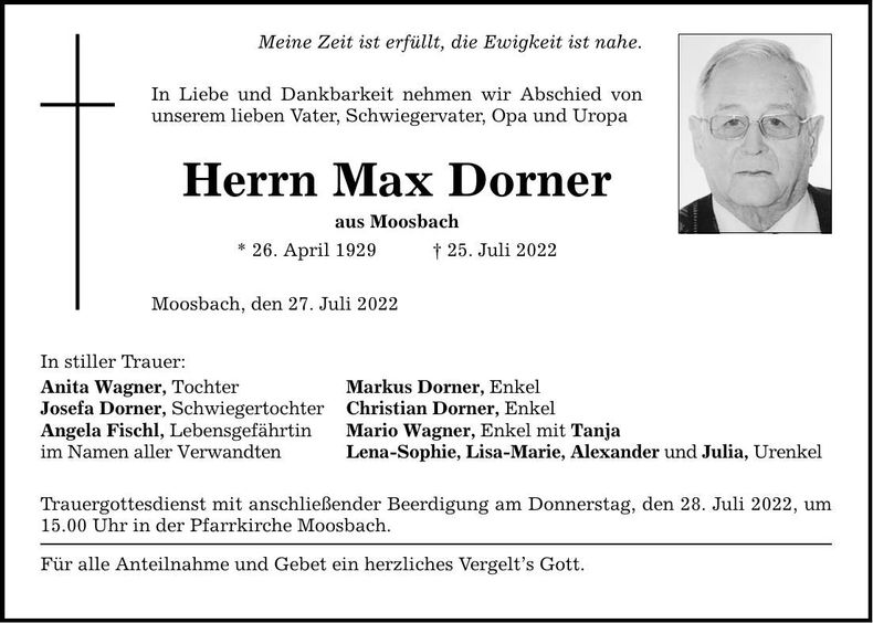 Traueranzeige Max Dorner