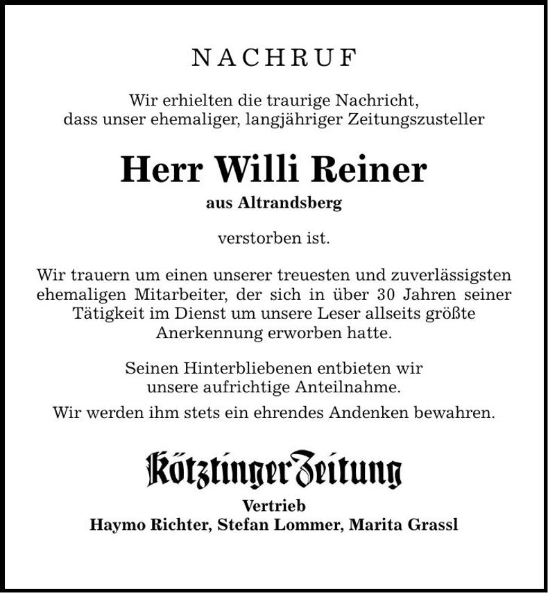Traueranzeige Willi Heigl