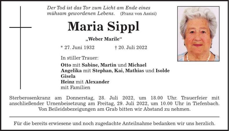 Traueranzeige Maria Sippl