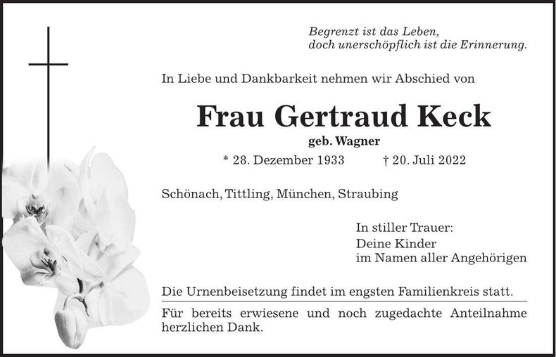 Traueranzeige Gertraud Keck
