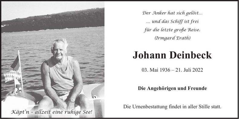 Traueranzeige Johann Deinbeck