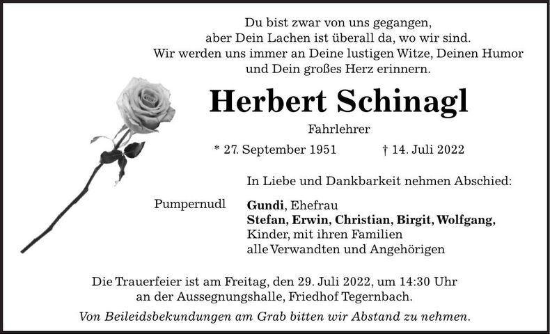 Traueranzeige Herbert Schinagl