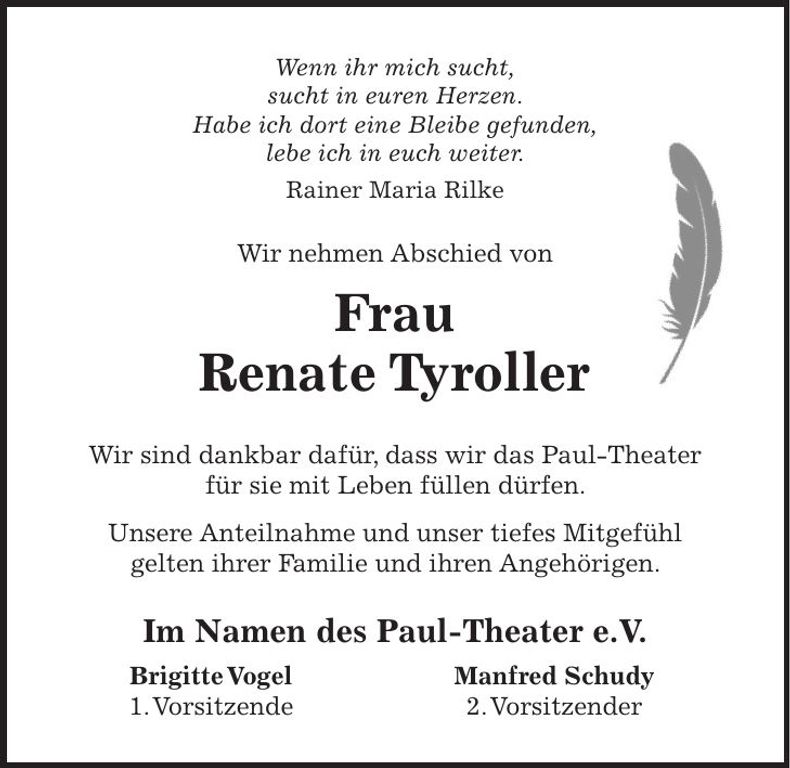 Traueranzeige Renate Tyroller