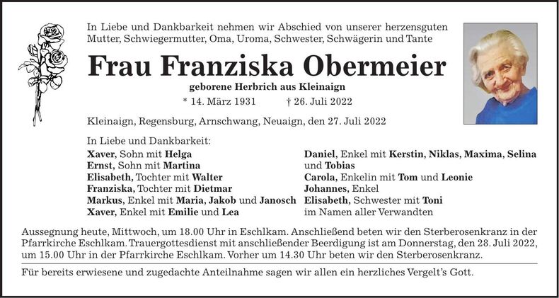Traueranzeige Franziska Obermeier