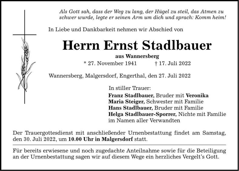 Traueranzeige Ernst Stadlbauer