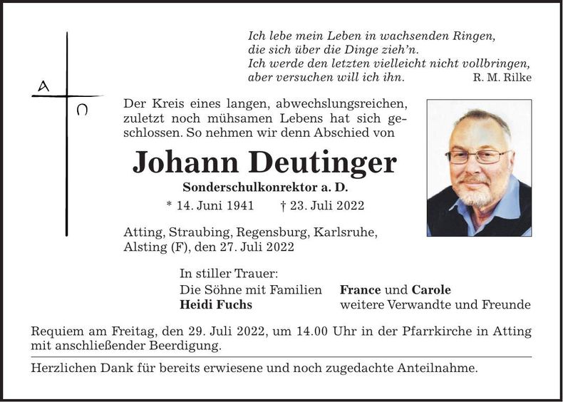 Traueranzeige Johann Deutinger