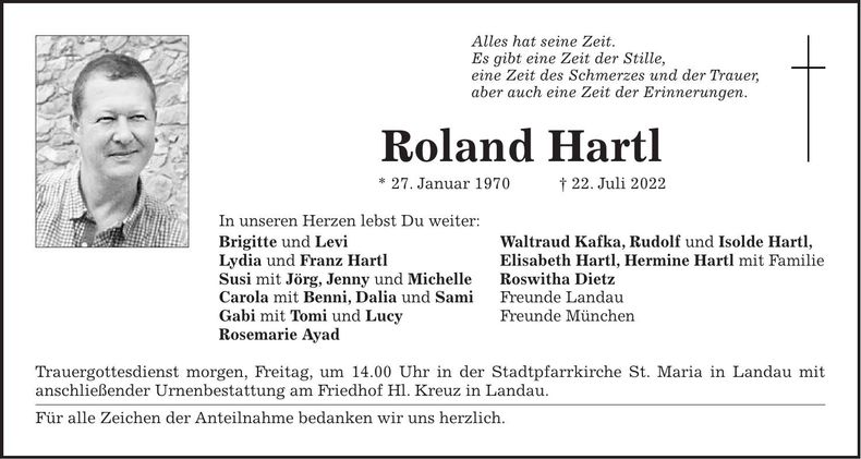 Traueranzeige Roland Hartl
