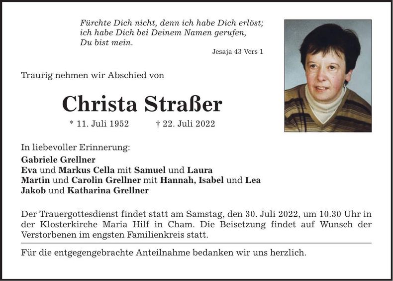 Traueranzeige Christa Straßer