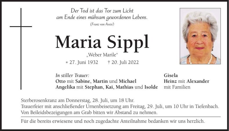 Traueranzeige Maria Sippl