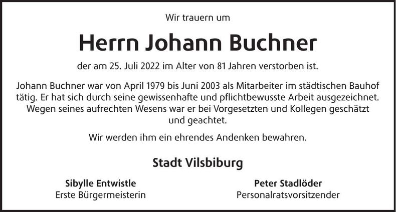 Traueranzeige Johann Buchner