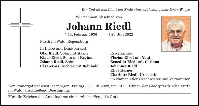 Traueranzeige Johann Riedl