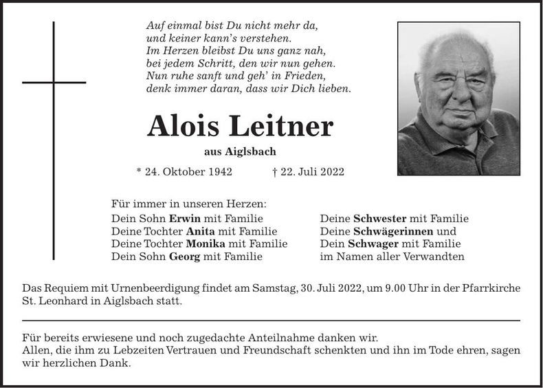 Traueranzeige Alois Leitner