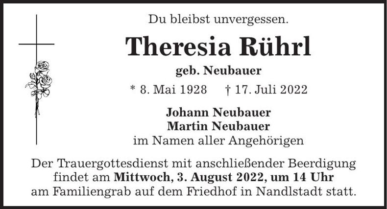 Traueranzeige Theresia Rührl