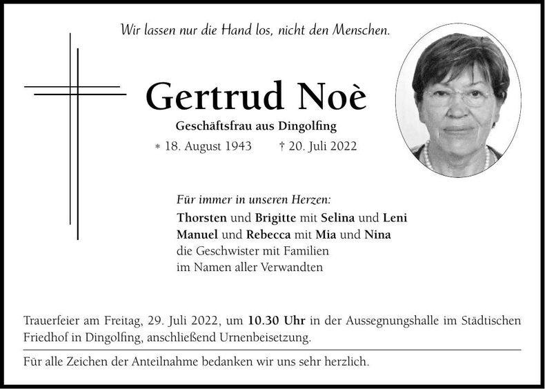 Traueranzeige Gertrud Noé