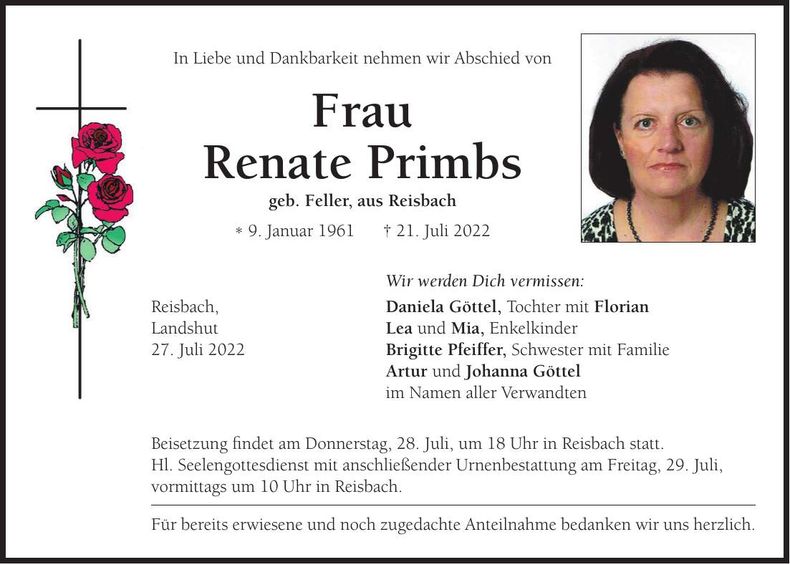Traueranzeige Renate Primbs
