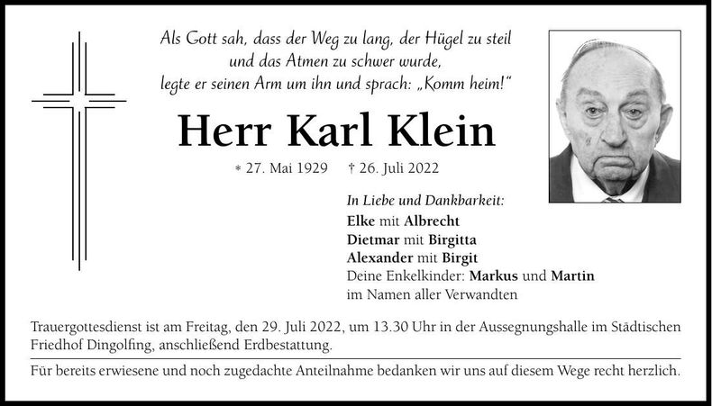 Traueranzeige Karl Klein