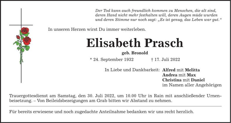 Traueranzeige Elisabeth Prasch