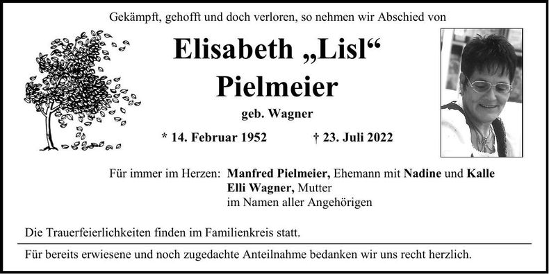 Traueranzeige Elisabeth Pielmeier