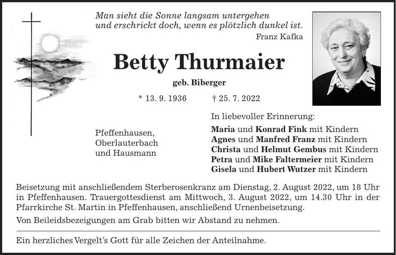 Traueranzeige Betty Thurmaier