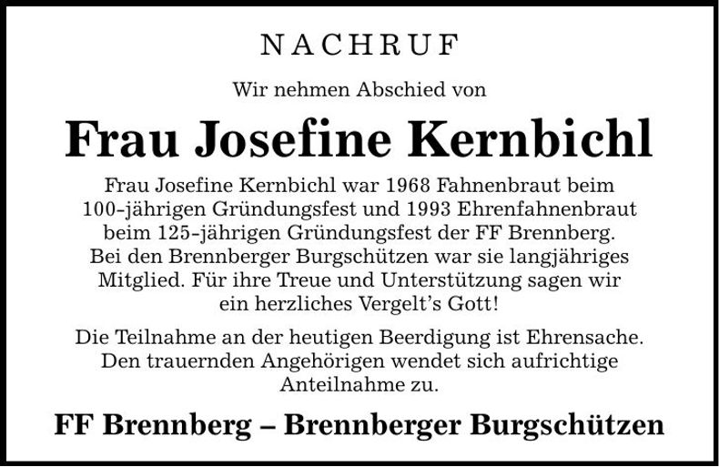 Traueranzeige Josefine Kernbichl