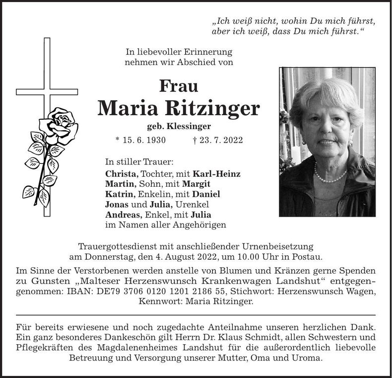 Traueranzeige Maria Ritzinger
