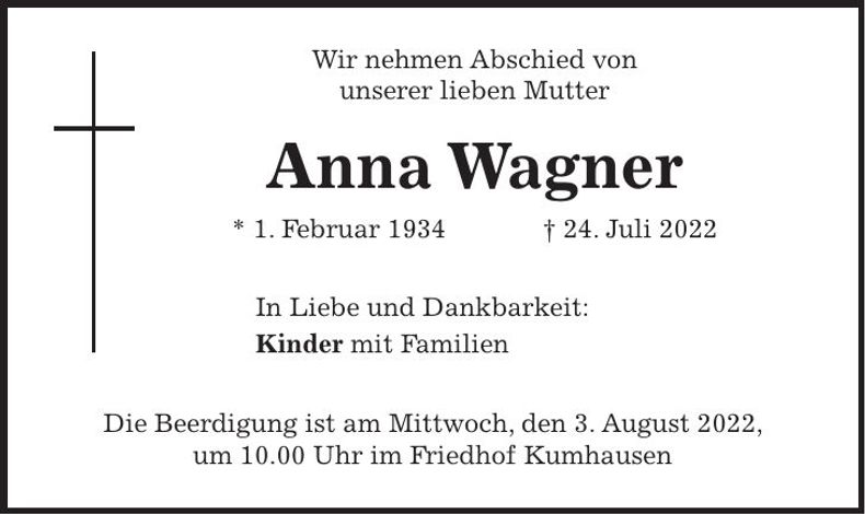 Traueranzeige Anna Wagner