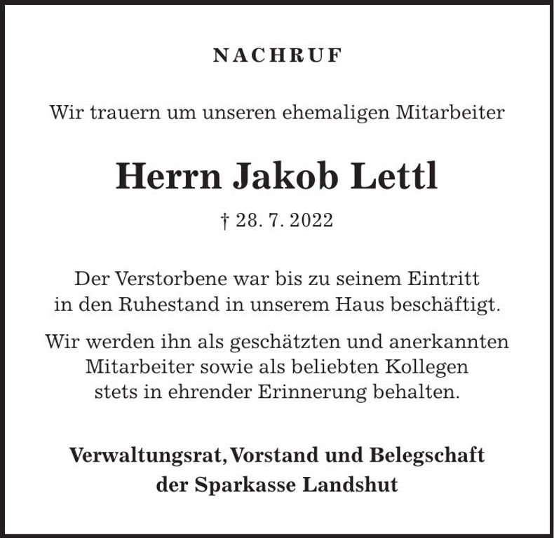 Traueranzeige Lettl Jakob