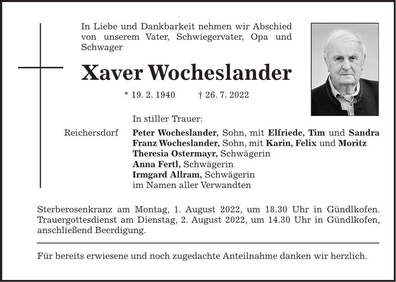 Traueranzeige Xaver Wocheslander