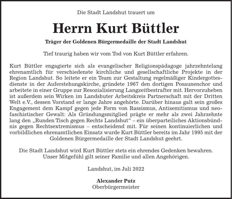 Traueranzeige Kurt Büttler